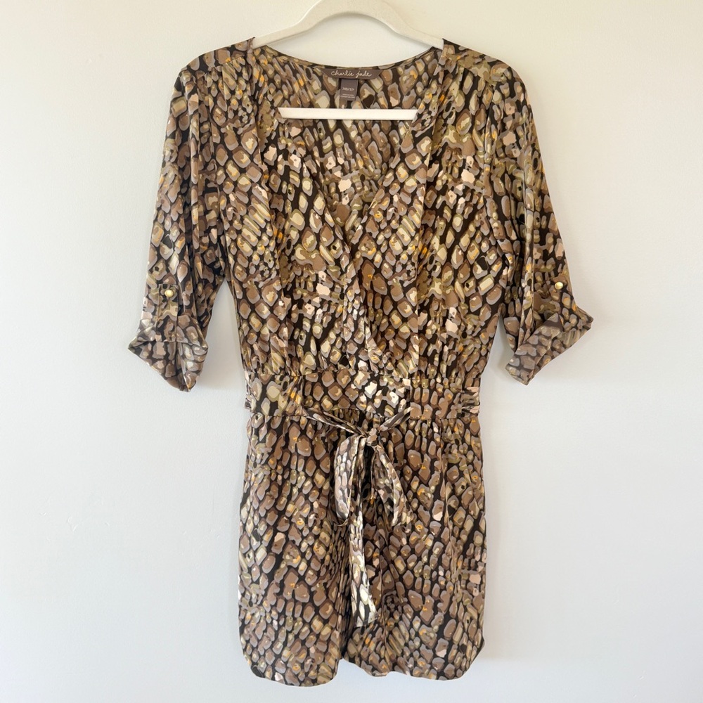 Charlie Jade Silk Romper Womens XS – Abstract Animal Print Jumpsuit Brown Tan - Picture 2 of 9